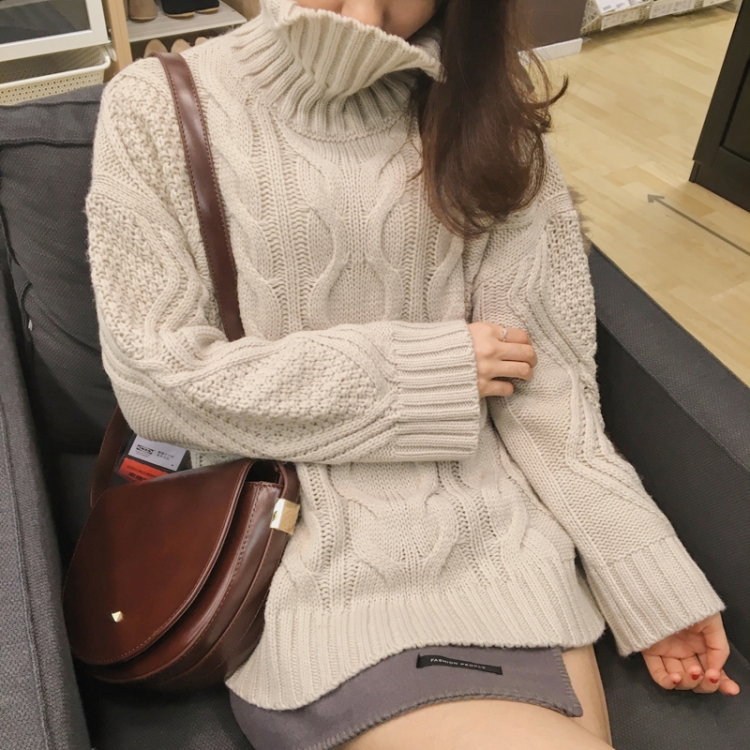 韓國冬款復古百搭加厚麻花長袖高領保暖套頭粗針毛線毛衣女
